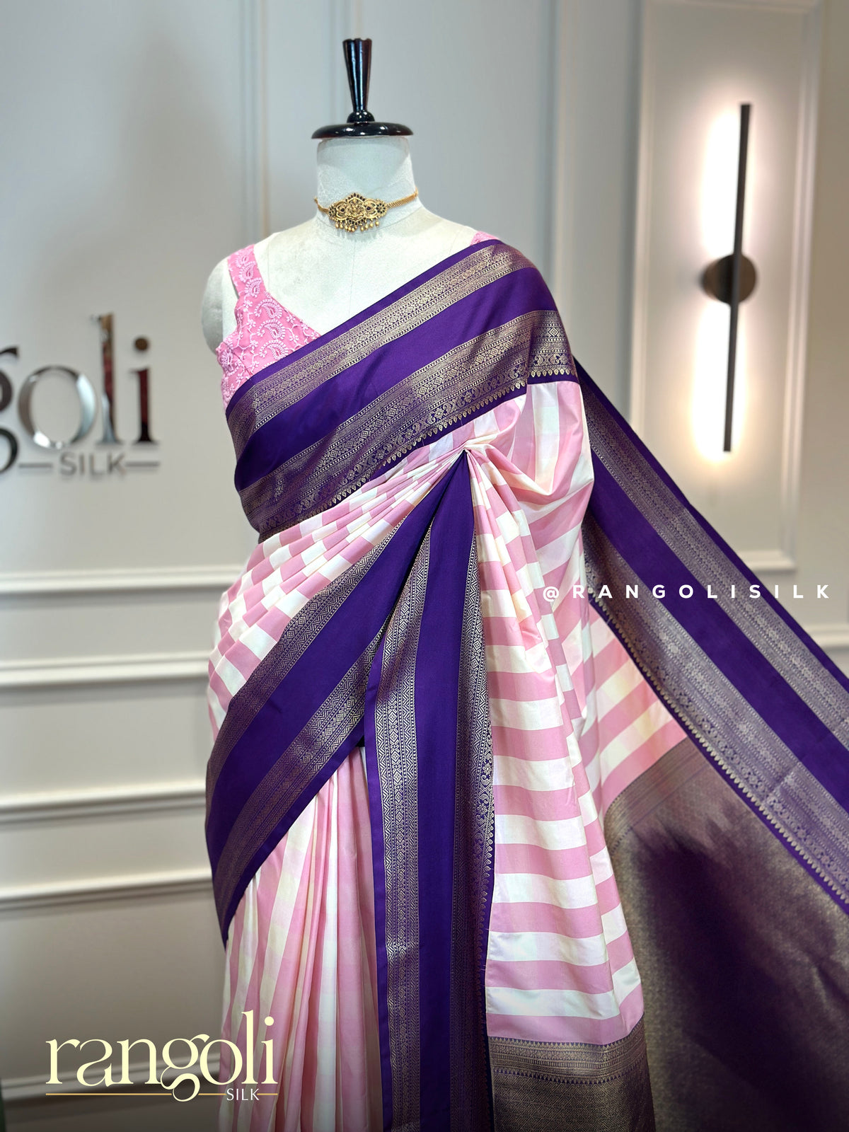 Light Pink & Purple Semi Kanjivaram Silk Saree with Checks & Bentex Border - Post 1020