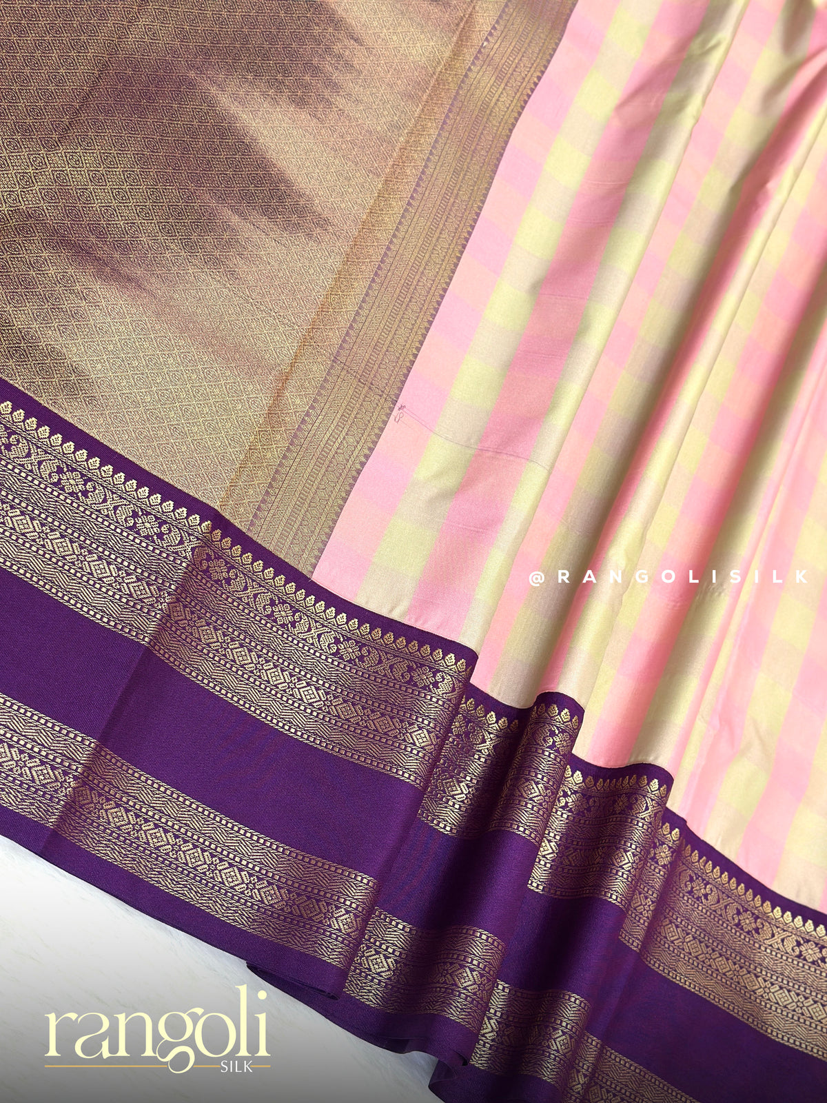 Semi Kanjivaram Silk Saree with Checks, Bentex & Temple Border - Post 1018