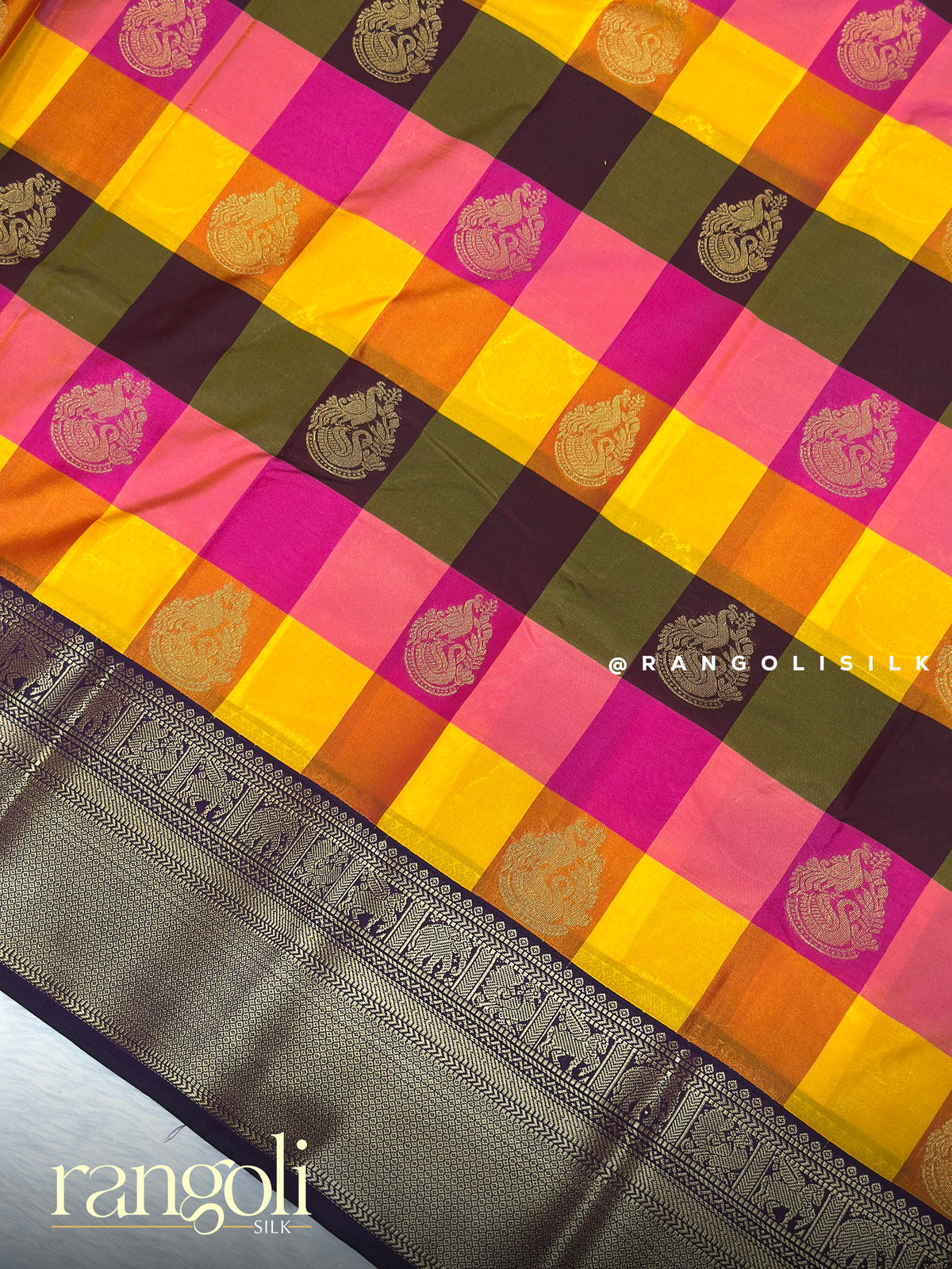 Semi Kanjivaram Silk Saree with Checks, Bentex & Temple Border - Post 1018
