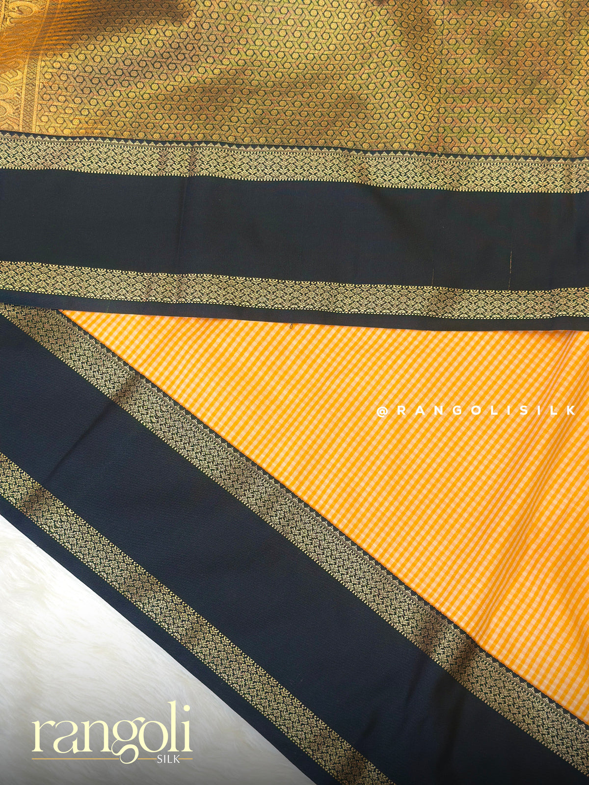 Semi Kanjivaram Silk Saree with Checks, Bentex & Temple Border - Post 1018