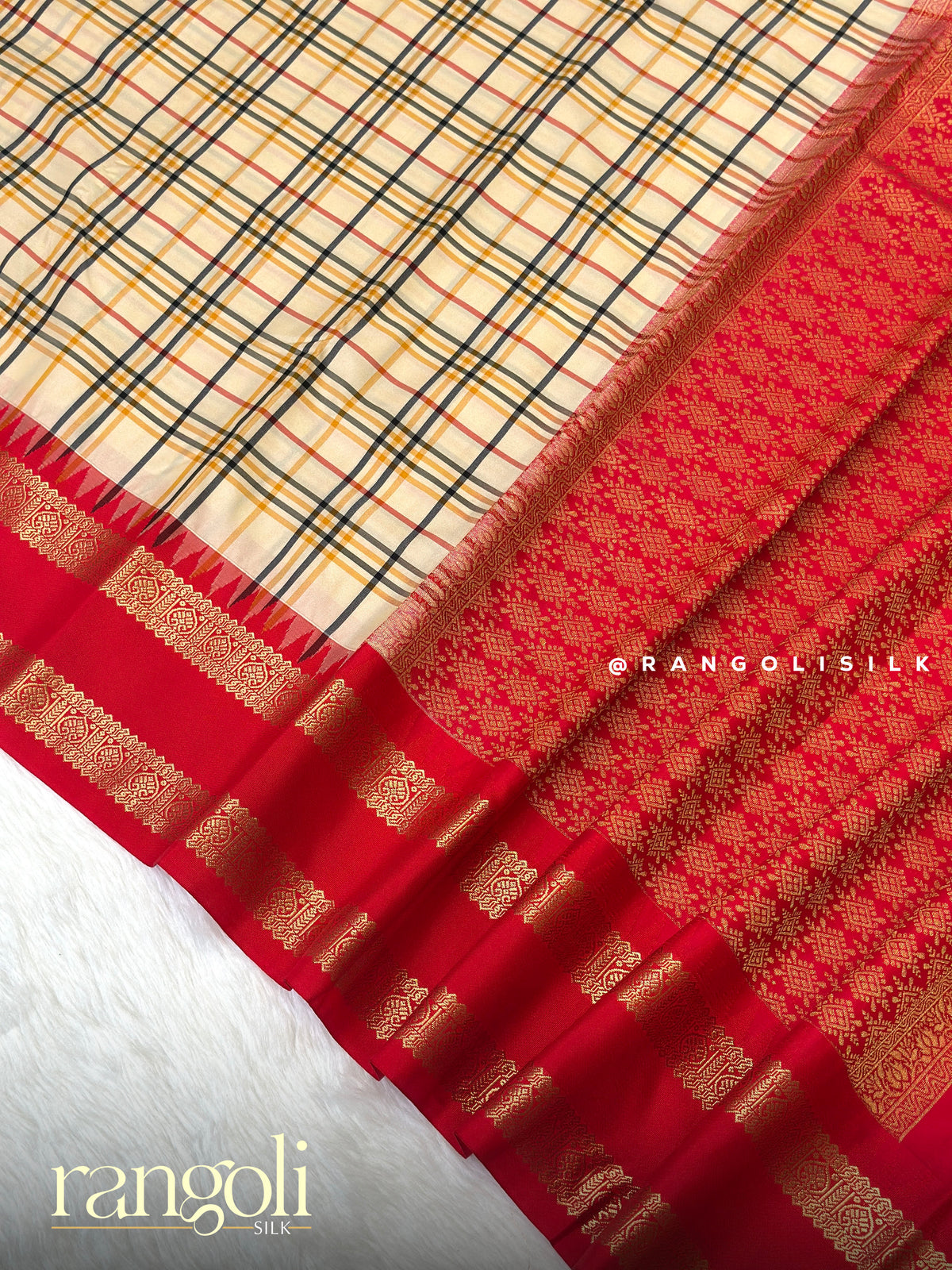 Semi Kanjivaram Silk Saree with Checks, Bentex & Temple Border - Post 1018
