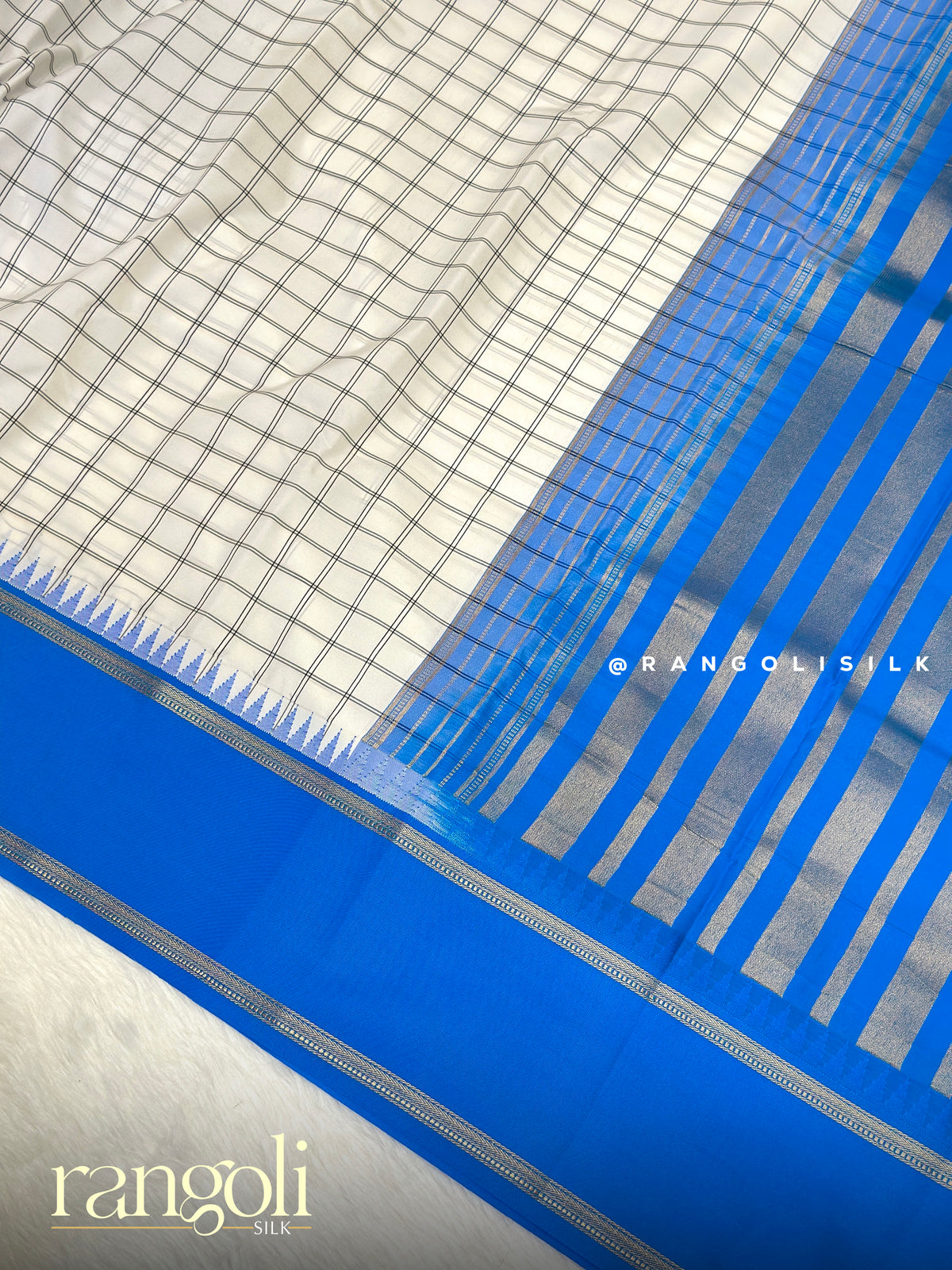 Semi Kanjivaram Silk Saree with Checks, Bentex & Temple Border - Post 1018