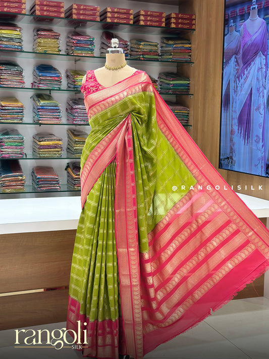 Semi Mysore Silk Saree with Classic Checks, Zari Border & Rich Pallu - Post 908