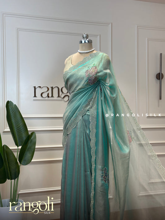 Pastel Organza Saree with Embellished Florals and Rich Border - Post 393