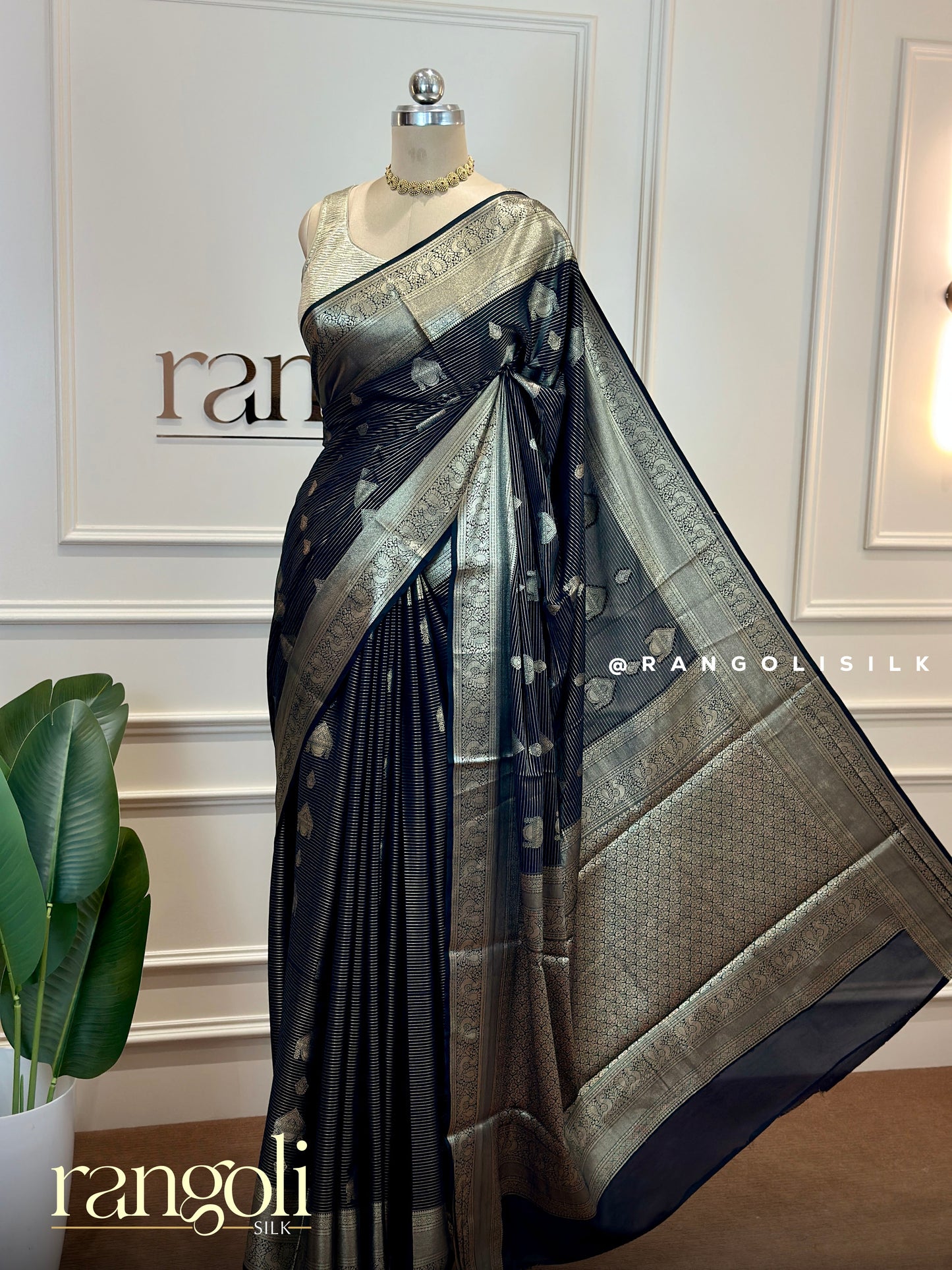 Elegant Black Semi Mysore Silk Saree with Rich Gold Zari Work - Post 616