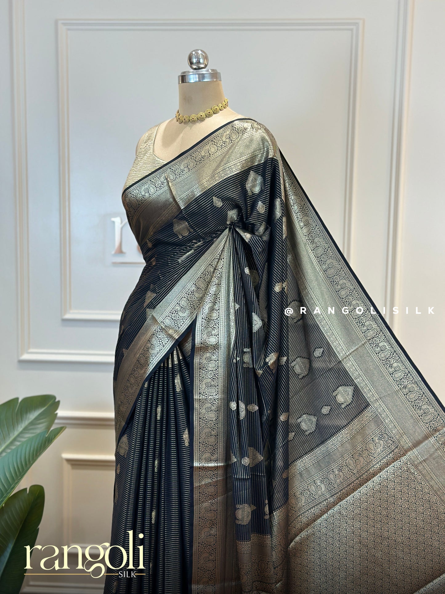 Elegant Black Semi Mysore Silk Saree with Rich Gold Zari Work - Post 616