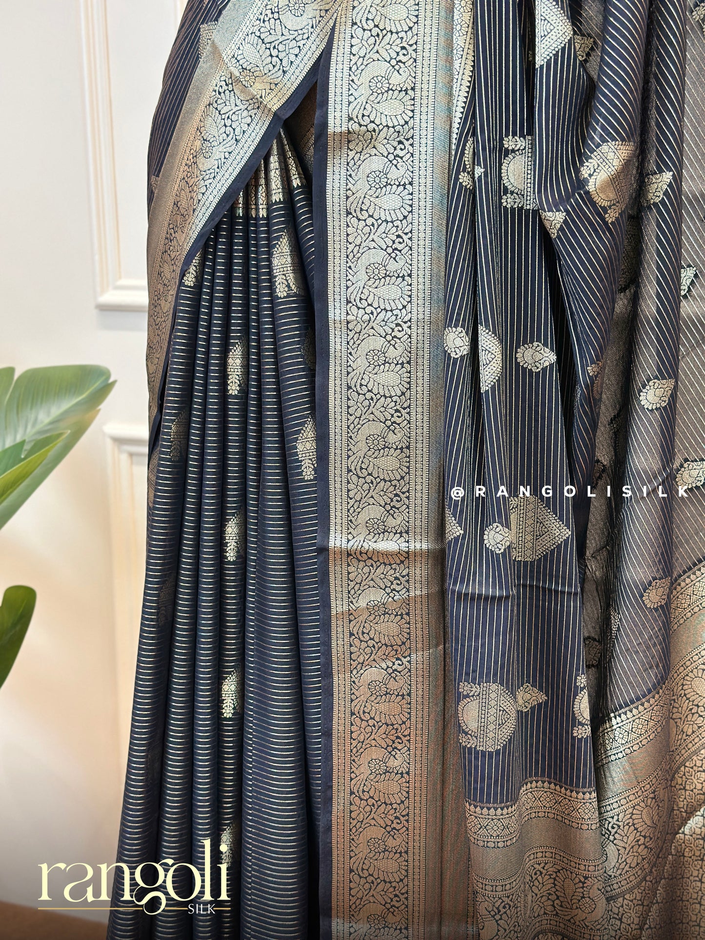 Elegant Black Semi Mysore Silk Saree with Rich Gold Zari Work - Post 616