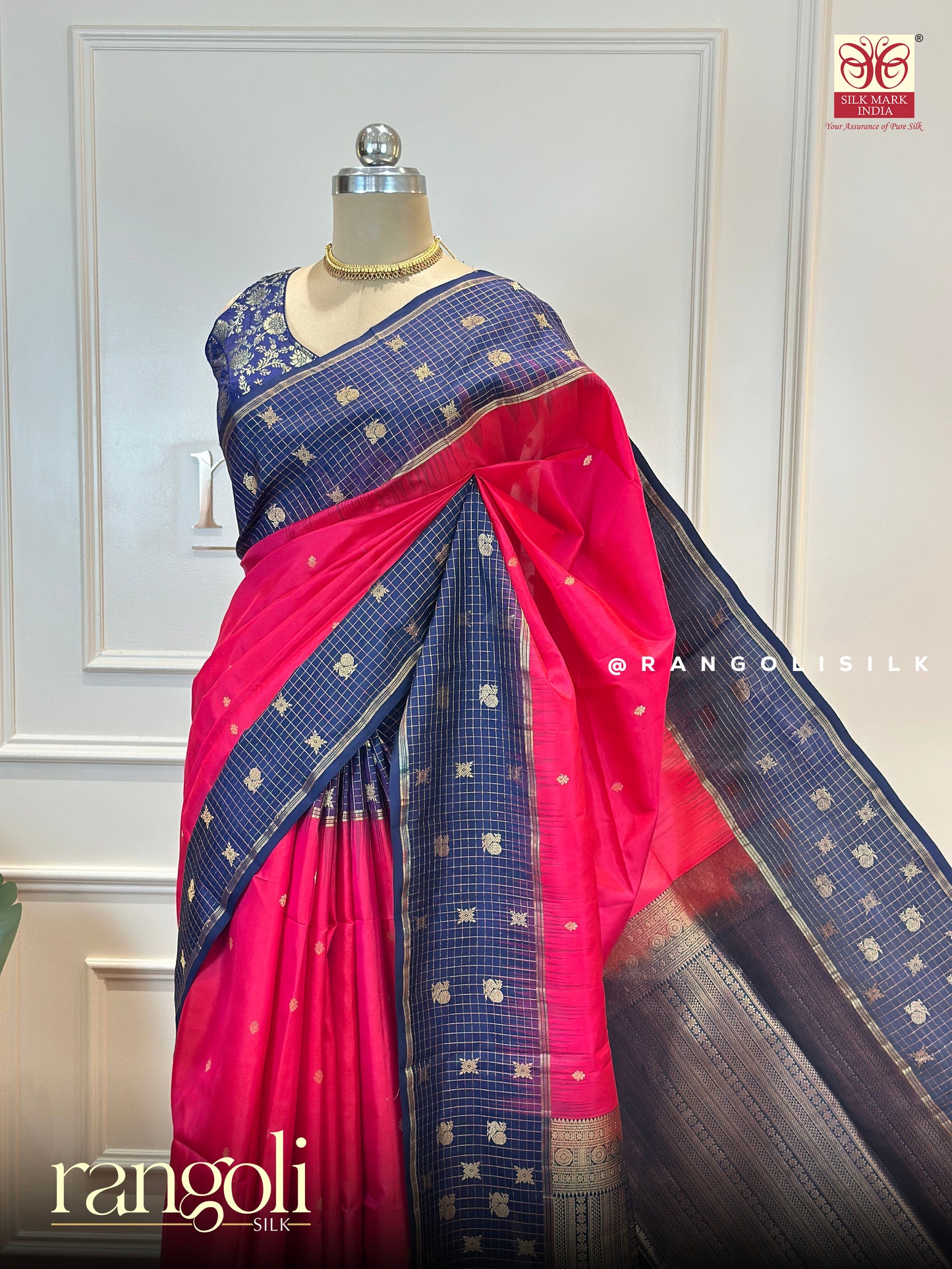 Soft Silk Saree – Pink Body with Navy Blue Border & Intricate Golden Motifs - Post 644