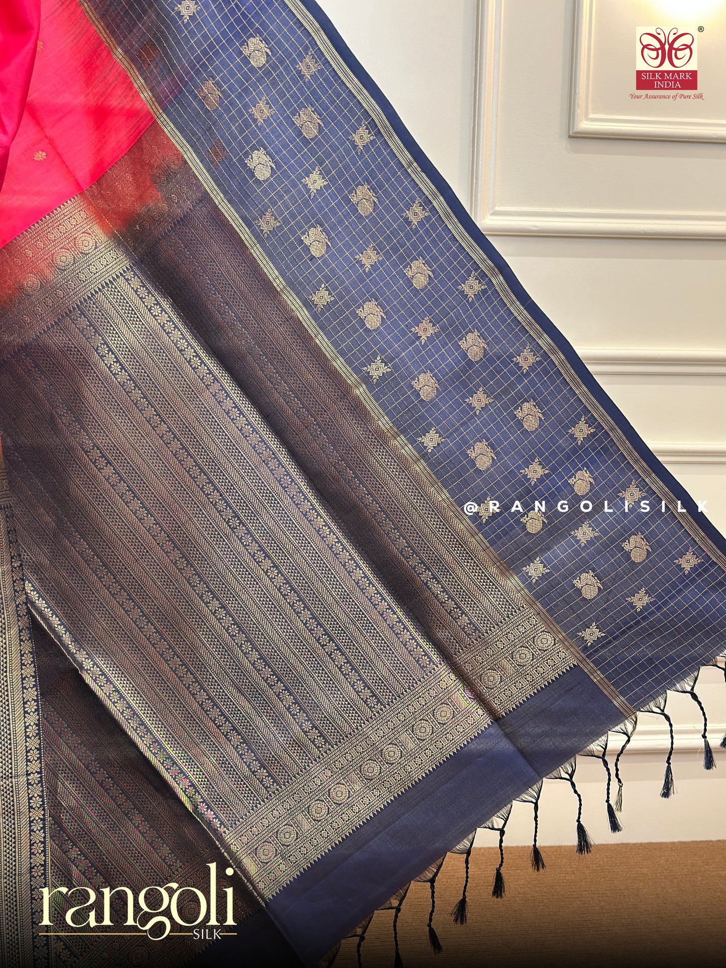 Soft Silk Saree – Pink Body with Navy Blue Border & Intricate Golden Motifs - Post 644