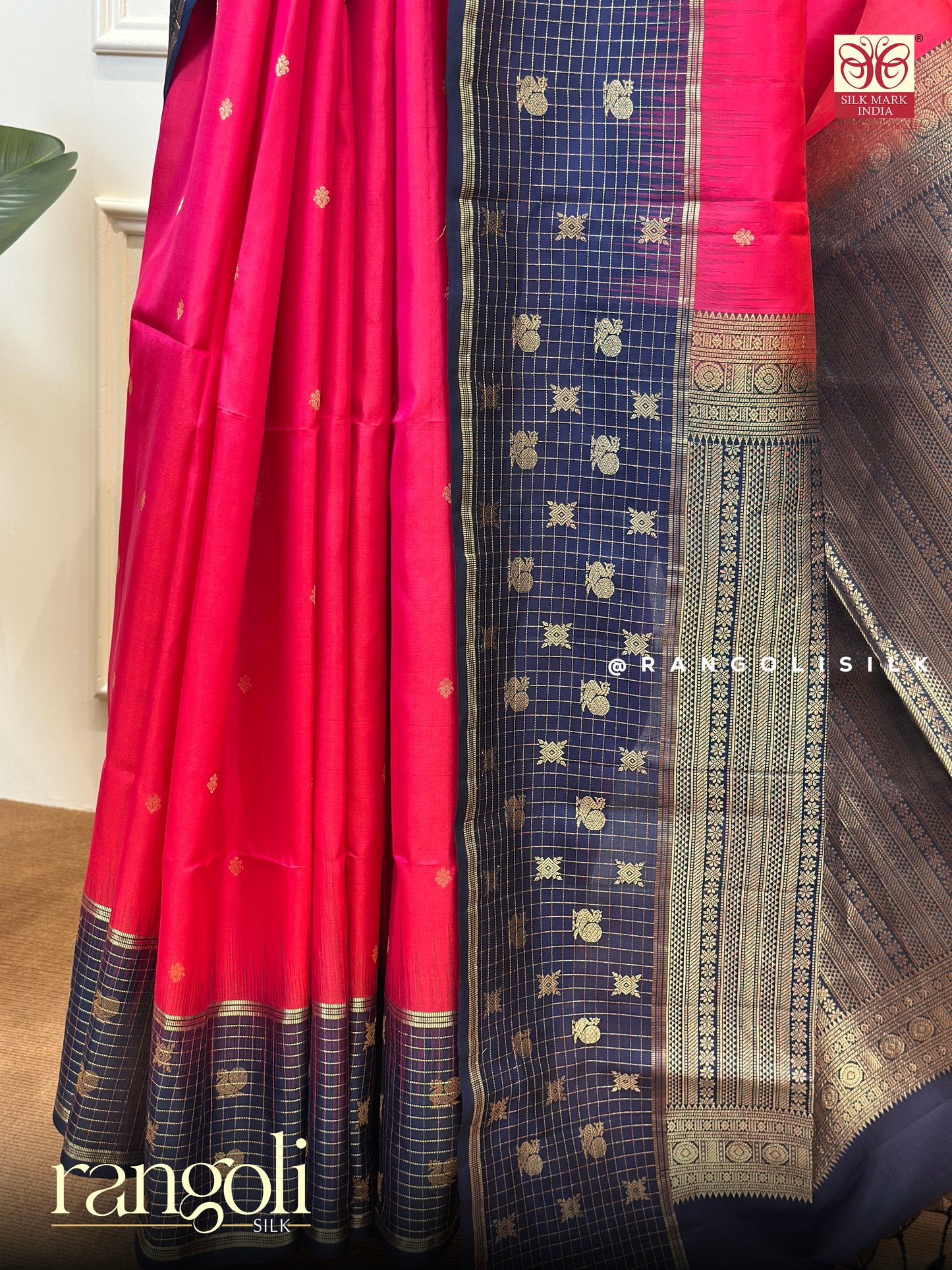 Soft Silk Saree – Pink Body with Navy Blue Border & Intricate Golden Motifs - Post 644