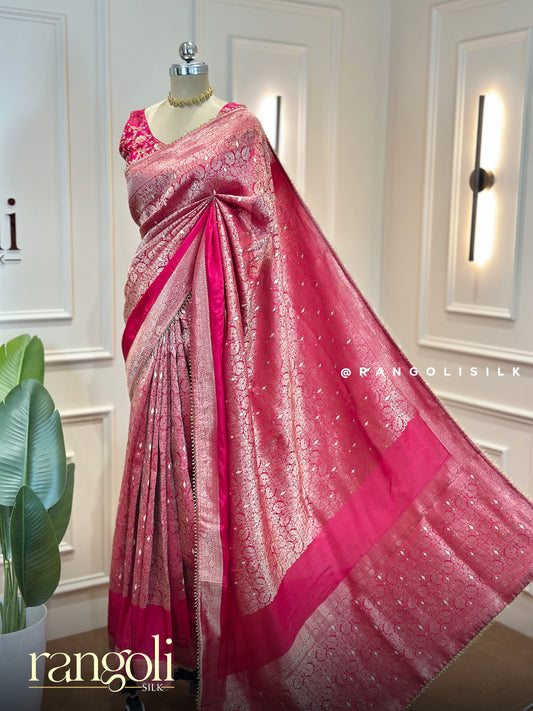 Elegant Pink Banarasi Silk Saree with Rich Golden Zari Work - Post 789