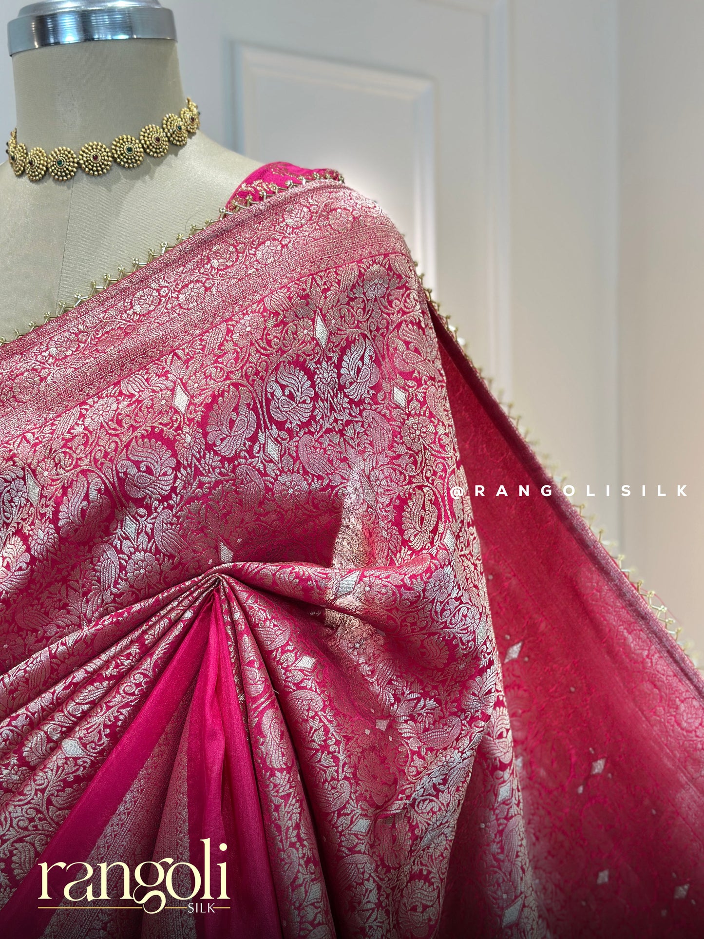 Elegant Pink Banarasi Silk Saree with Rich Golden Zari Work - Post 789