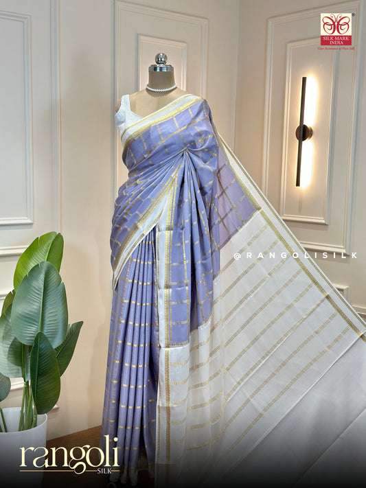 Pure Mysore Silk Crepe Saree – Lavender Blue with Gold Zari Checks & Ivory Pallu - Post 786
