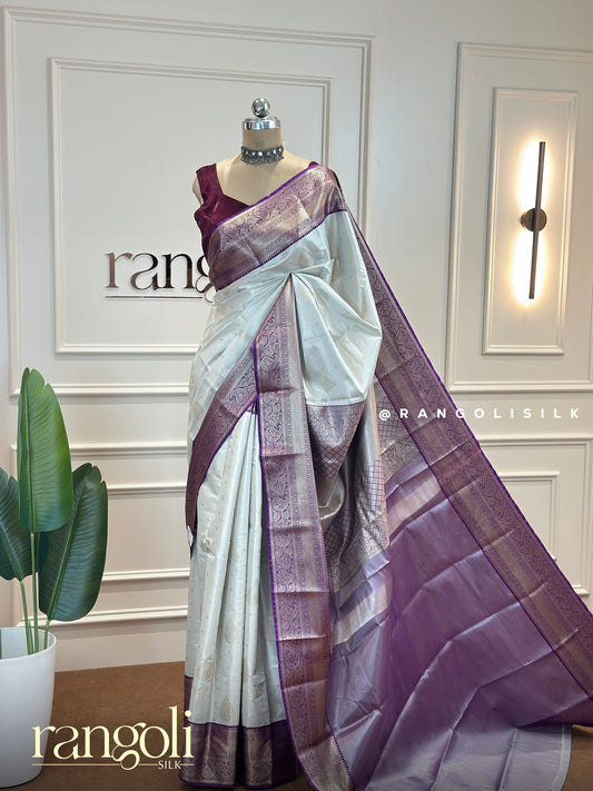 Semi Kanjivaram Silk Saree in Classic White with Elegant Zari Borders - Post 496