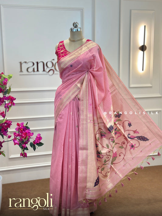 Pink Cotton Saree with Paithani Design - Post 498
