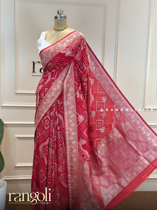Red Banarasi Bandhani Saree with Intricate Zari Work - Post 614