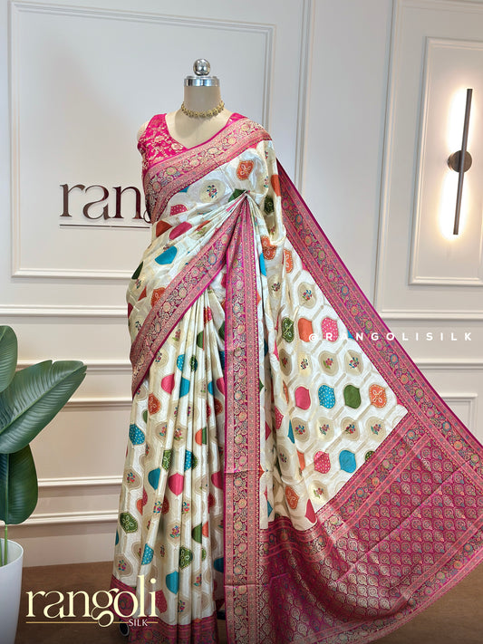 Elegant Ivory Saree with Colourful Motifs and Pink Detailed Border - Post 632