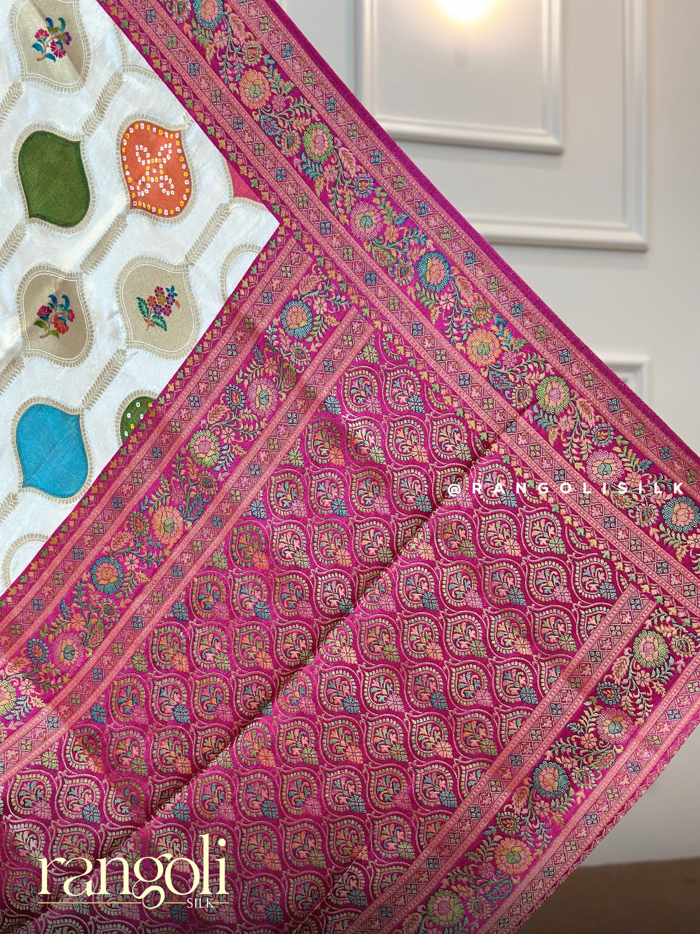 Elegant Ivory Saree with Colourful Motifs and Pink Detailed Border - Post 632