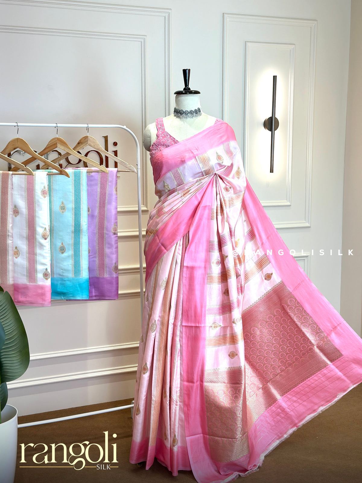 Pastel Banaras Saree with Gold Zari Buttas & Contrast Border - Post 1021