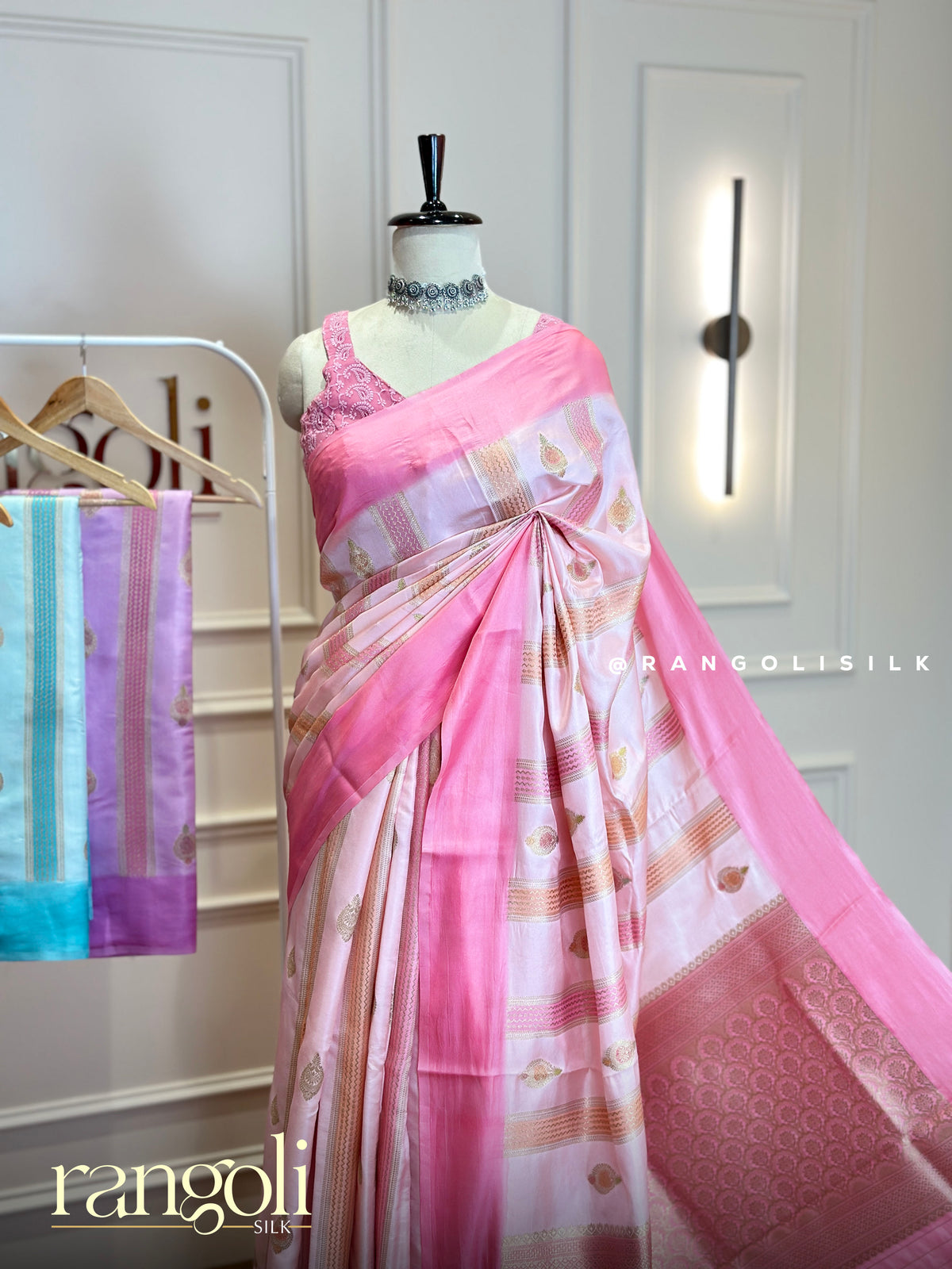 Pastel Banaras Saree with Gold Zari Buttas & Contrast Border - Post 1021