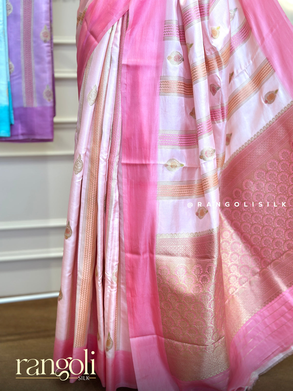 Pastel Banaras Saree with Gold Zari Buttas & Contrast Border - Post 1021