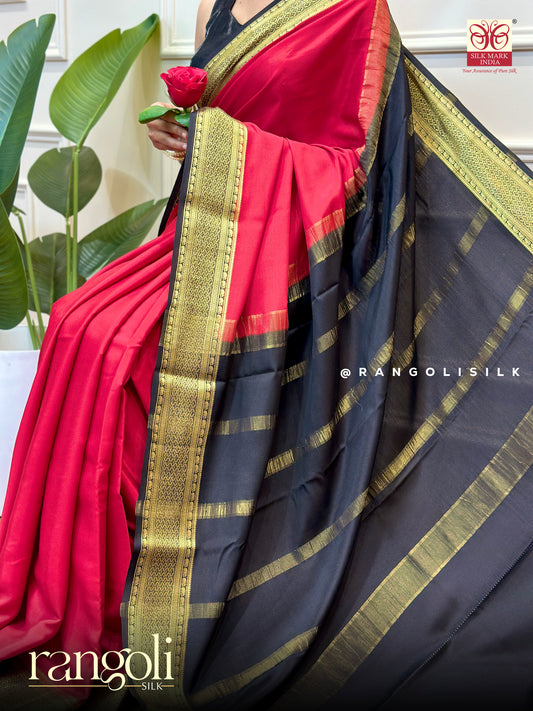 Pure Mysore Silk Saree in Red & Black with Rich Gold Zari Border - Post 788