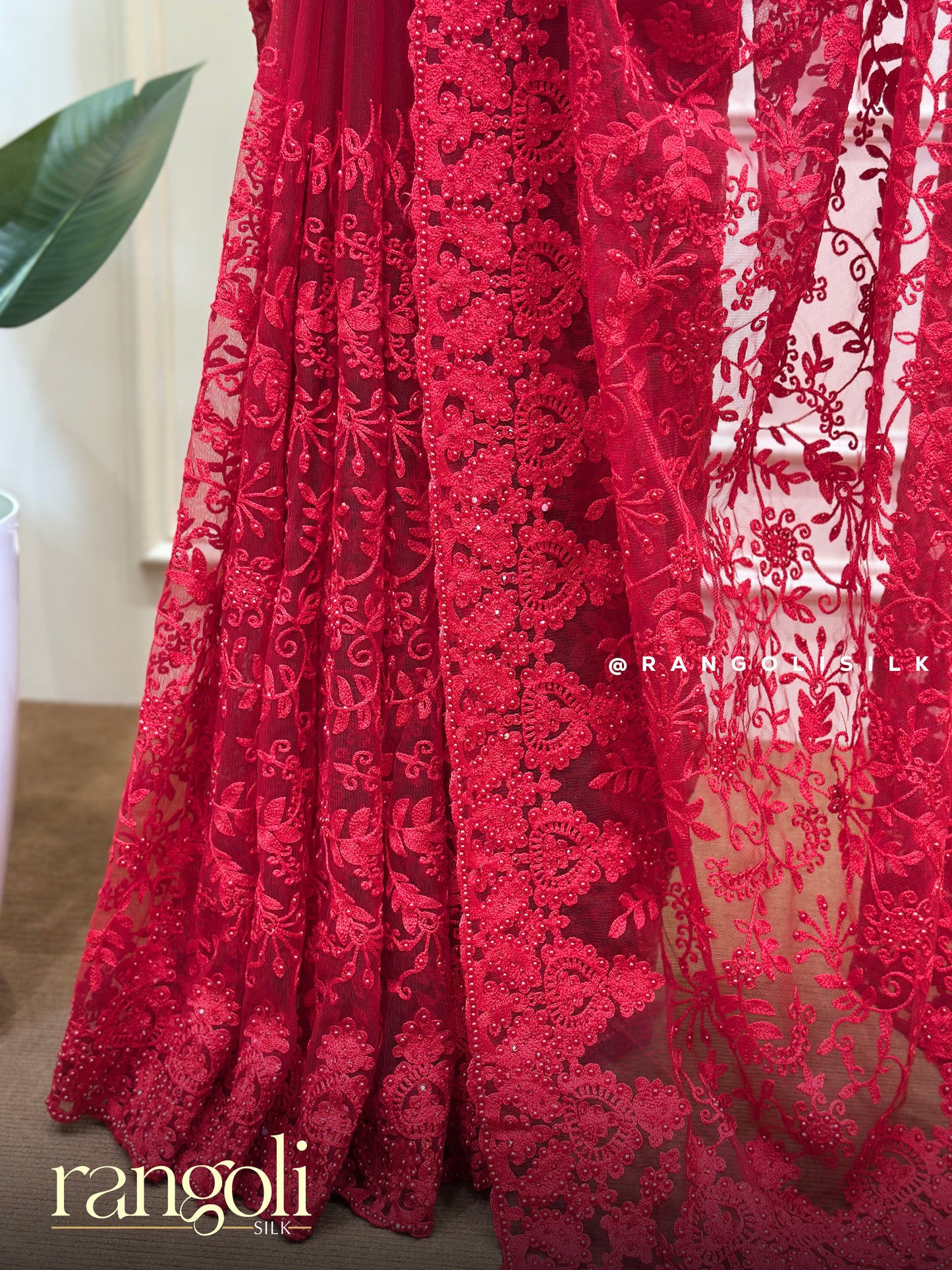 Designer Net Saree with Floral Embroidery & Beadwork - Post 803