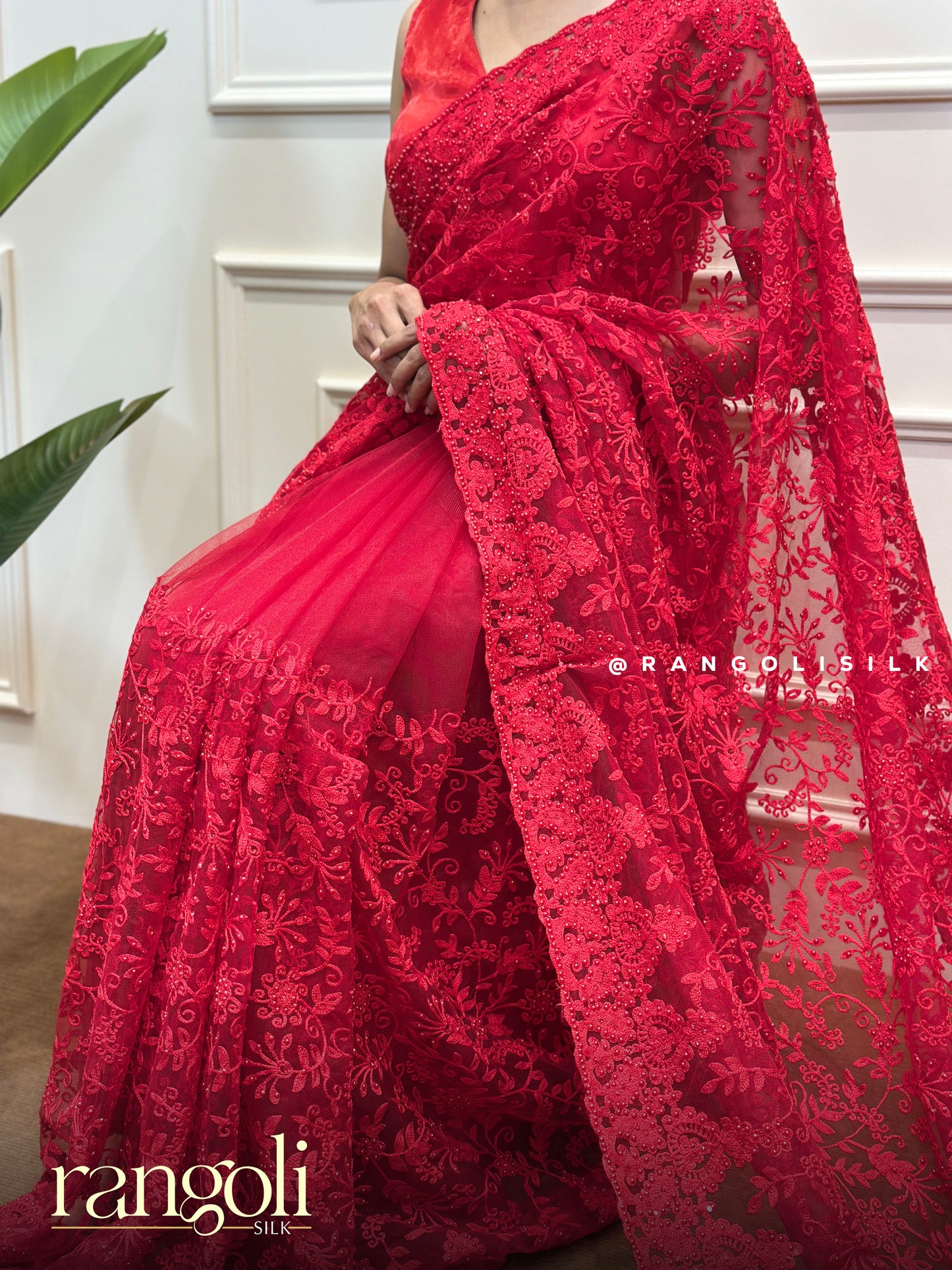 Designer Net Saree with Floral Embroidery & Beadwork - Post 803