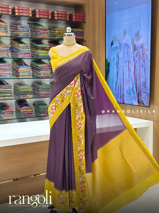 Semi Mysore Silk Saree with Floral Embroidered Border - Post 902