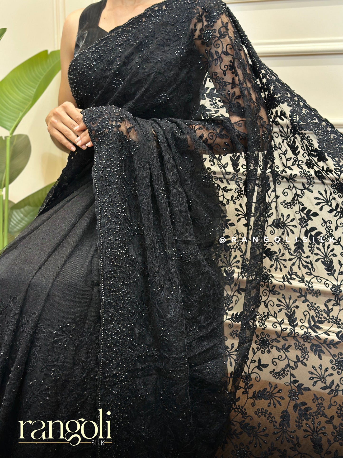 Designer Net Saree with Floral Embroidery & Beadwork - Post 803