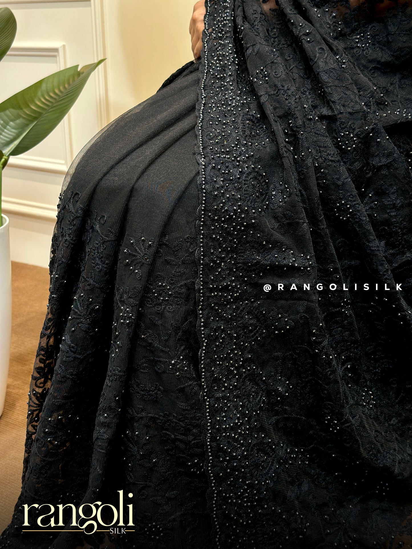 Designer Net Saree with Floral Embroidery & Beadwork - Post 803