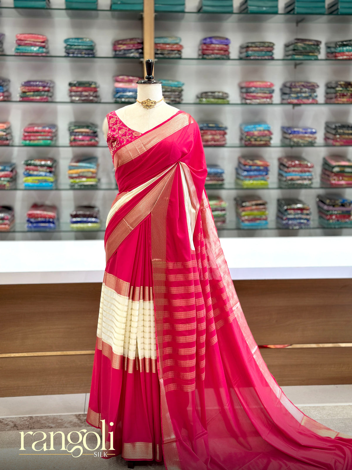 Semi Mysore Crepe Silk Saree with 3D Pattern & Zari Border - Post 1022