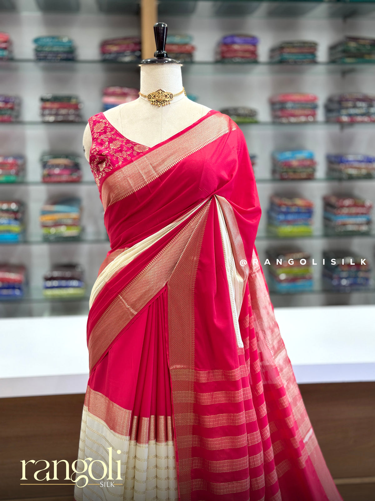 Semi Mysore Crepe Silk Saree with 3D Pattern & Zari Border - Post 1022