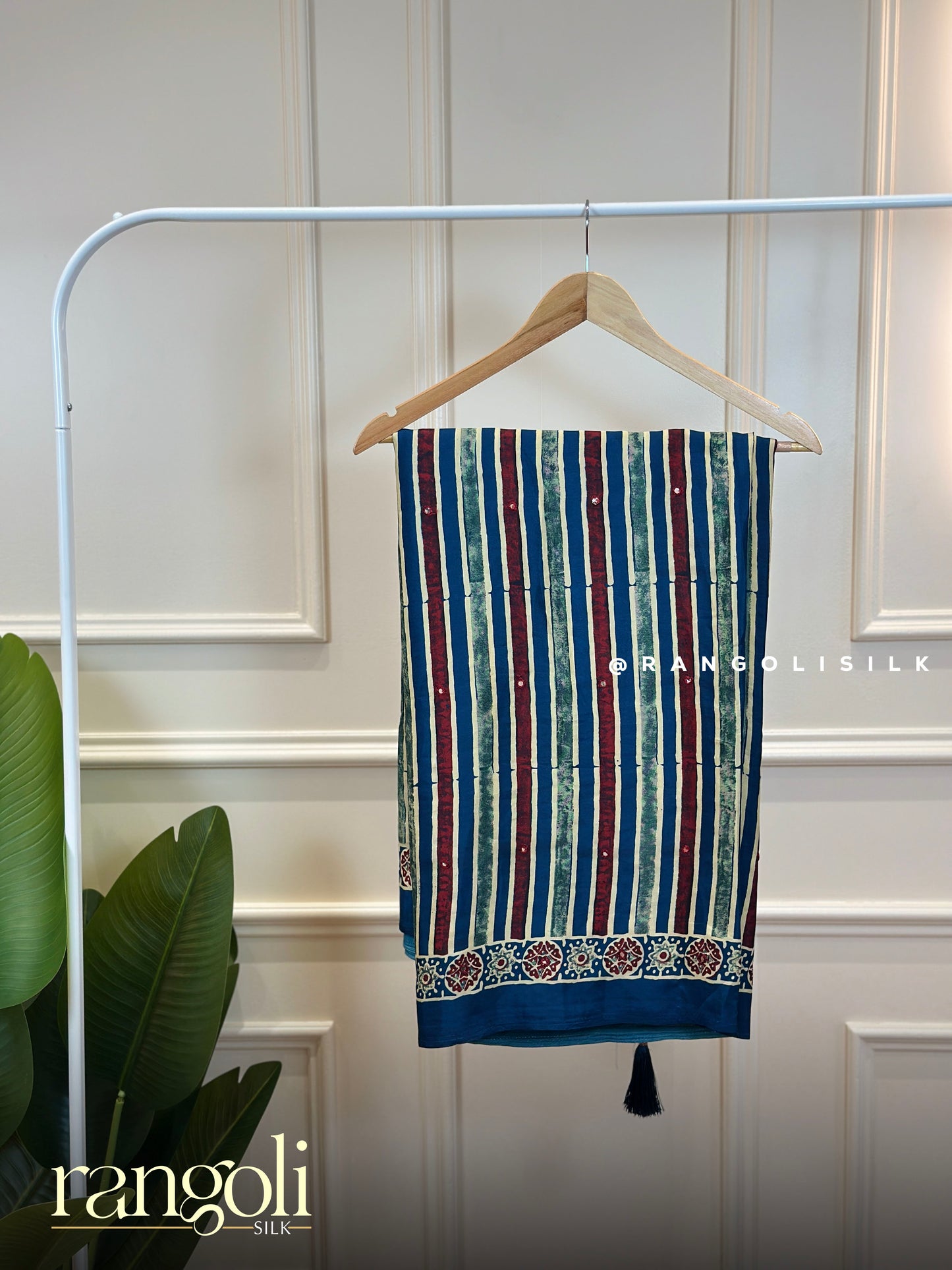 Ajrakh Modal Silk Saree with Striped Pattern & Traditional Ajrakh Prints - Post 903
