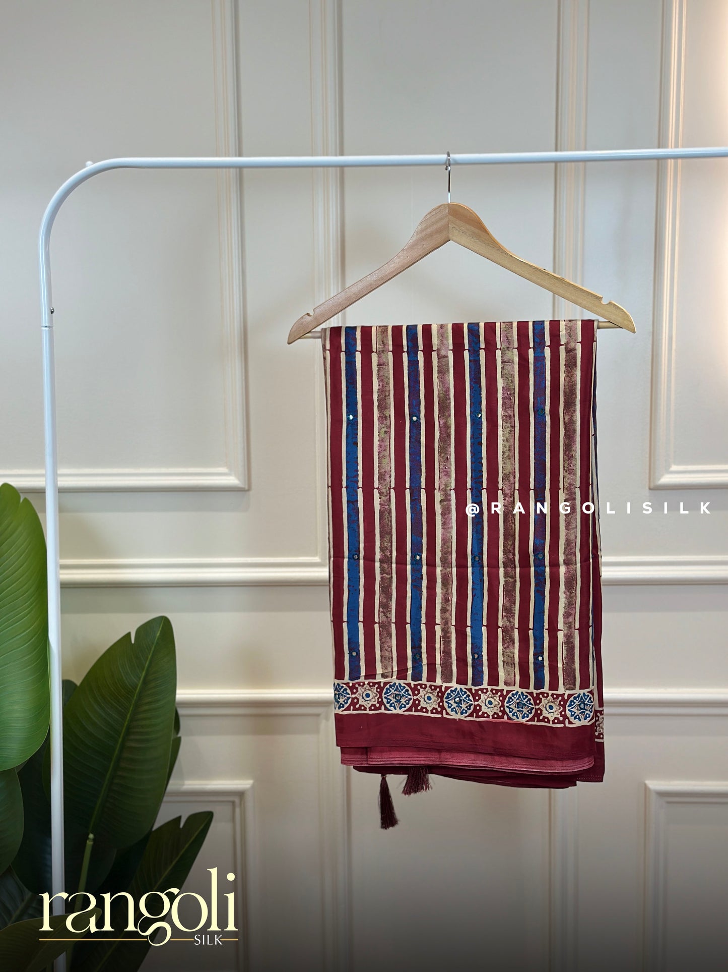 Ajrakh Modal Silk Saree with Striped Pattern & Traditional Ajrakh Prints - Post 903