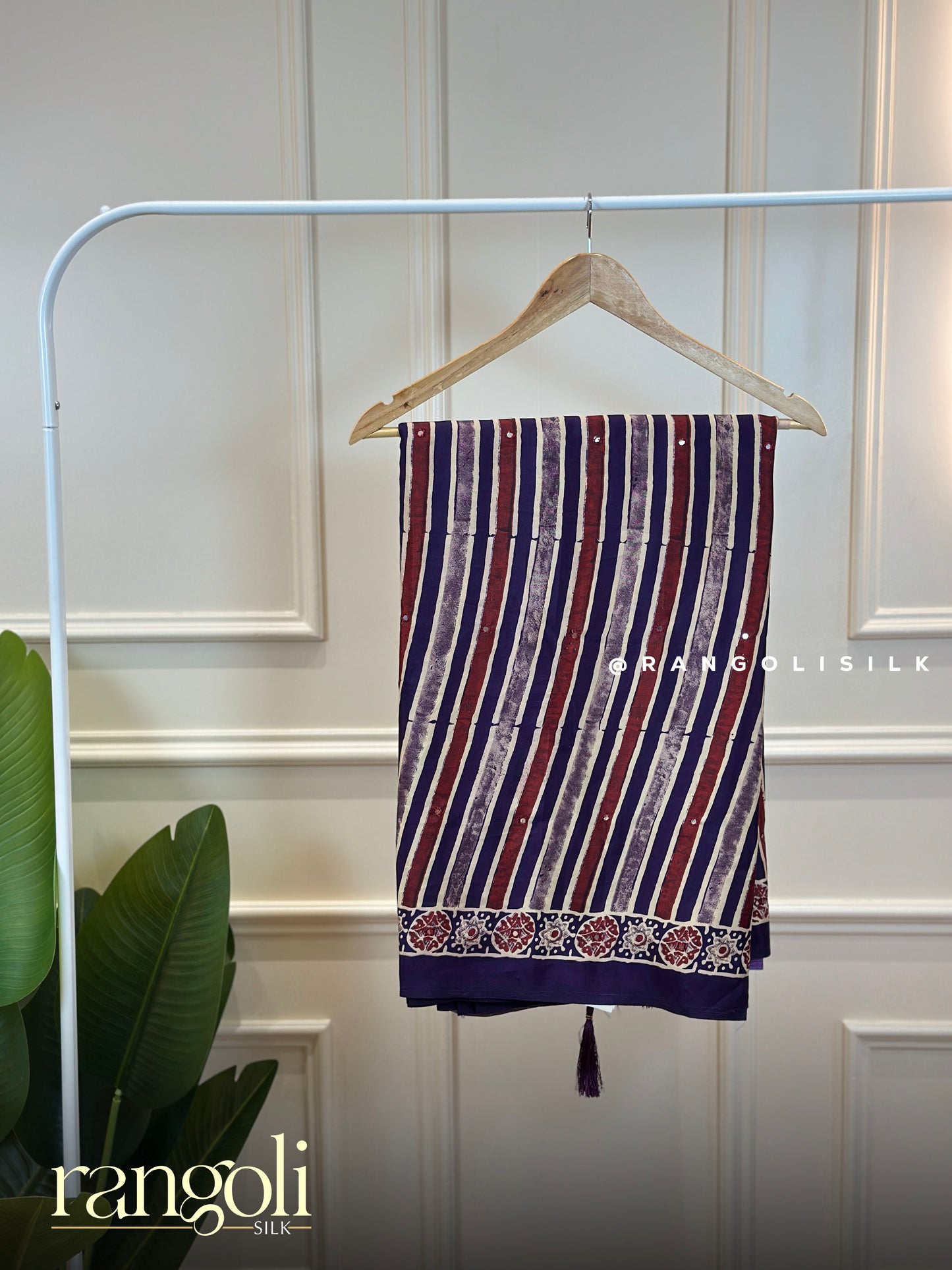 Ajrakh Modal Silk Saree with Striped Pattern & Traditional Ajrakh Prints - Post 903