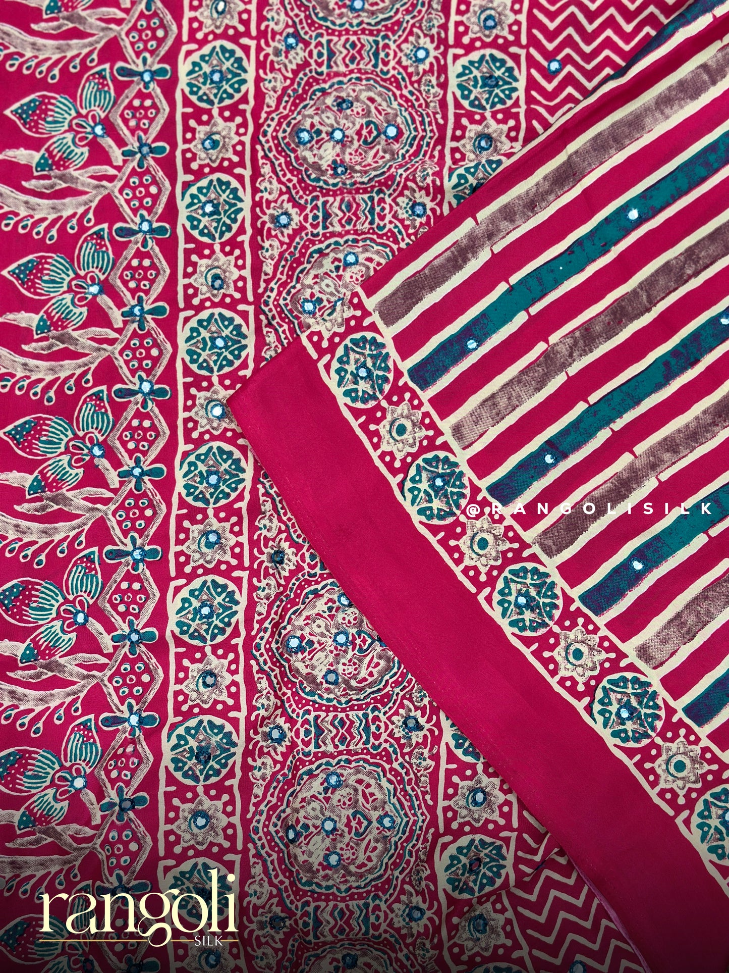Ajrakh Modal Silk Saree with Striped Pattern & Traditional Ajrakh Prints - Post 903