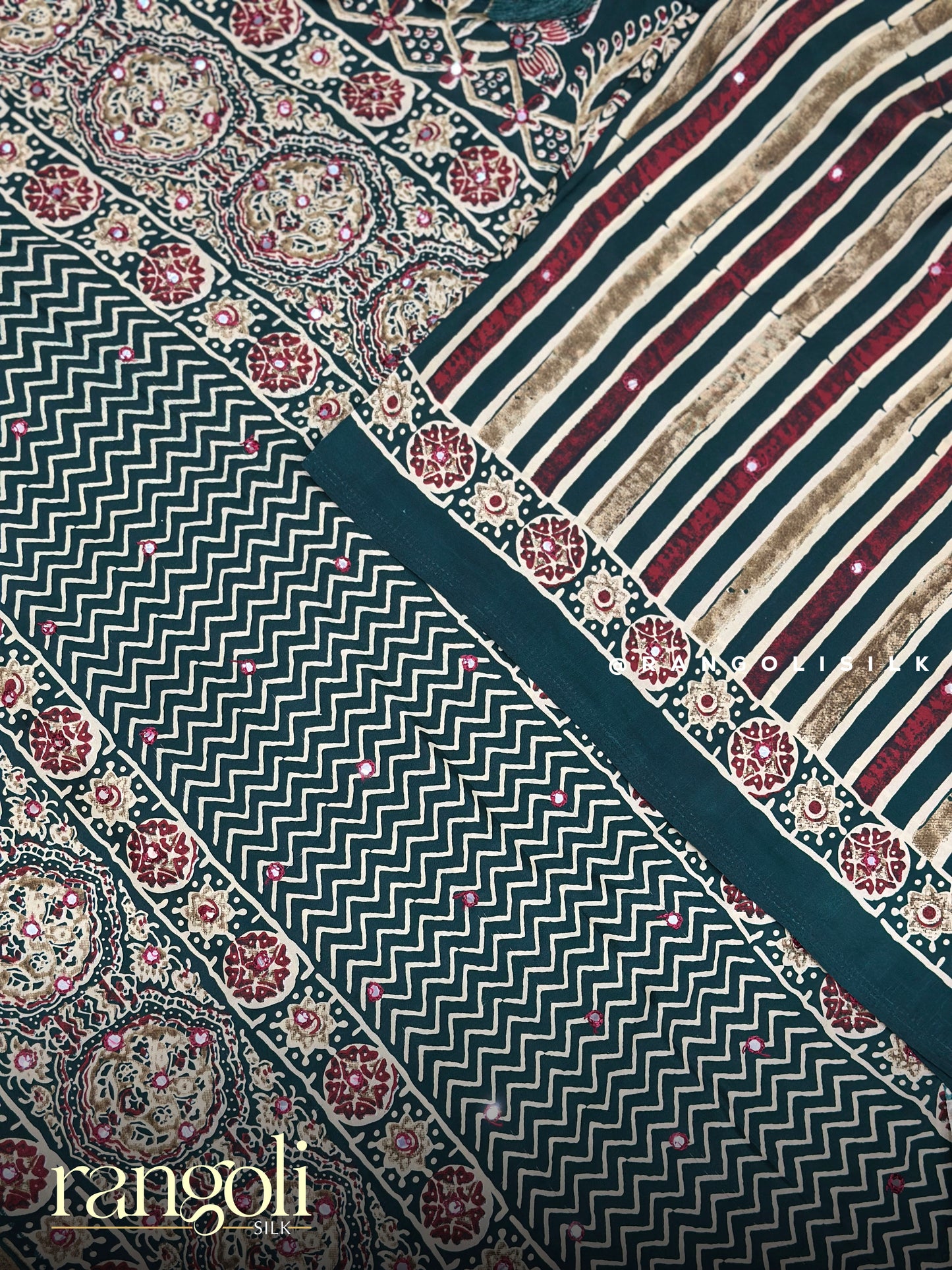 Ajrakh Modal Silk Saree with Striped Pattern & Traditional Ajrakh Prints - Post 903