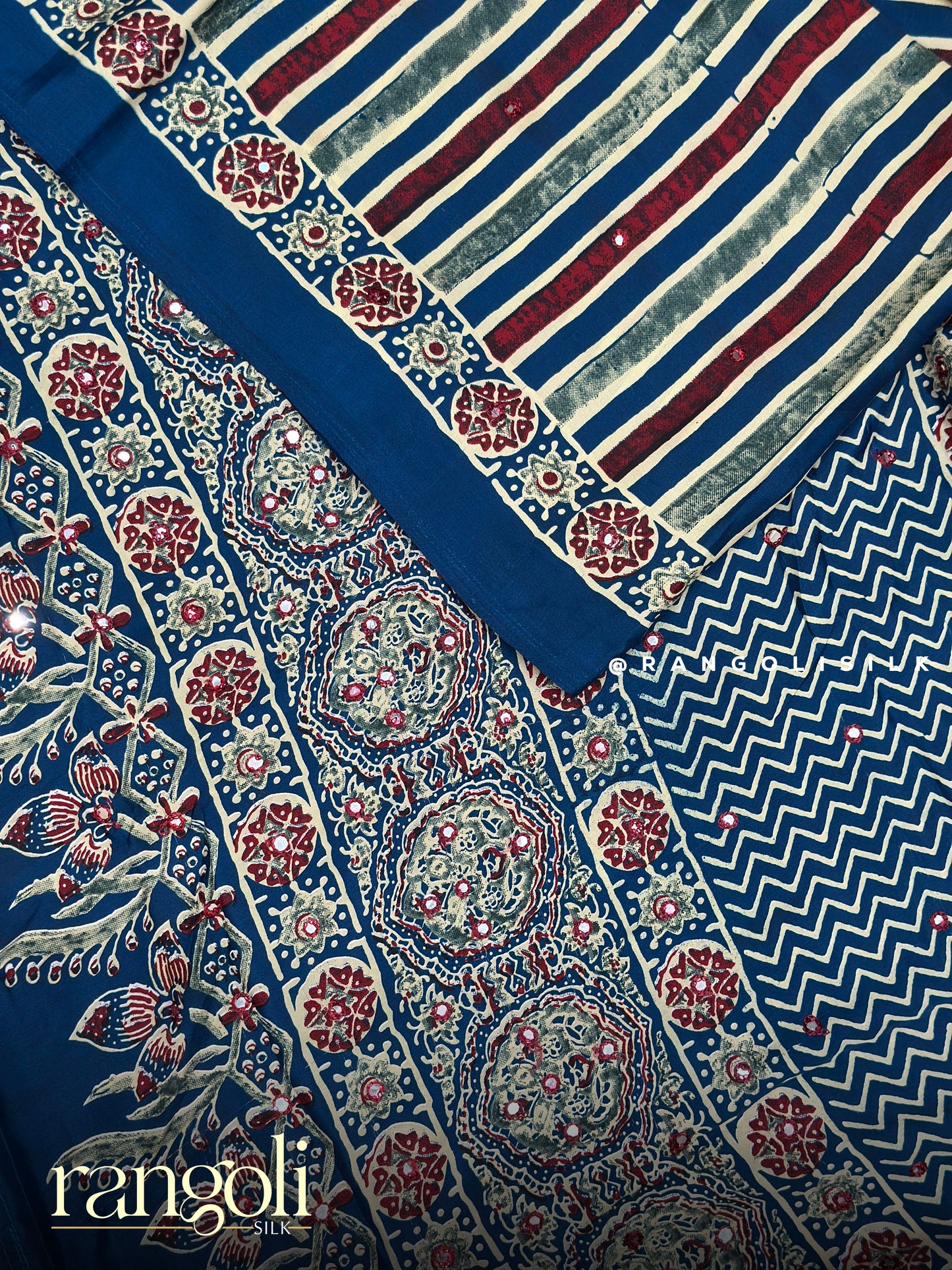 Ajrakh Modal Silk Saree with Striped Pattern & Traditional Ajrakh Prints - Post 903