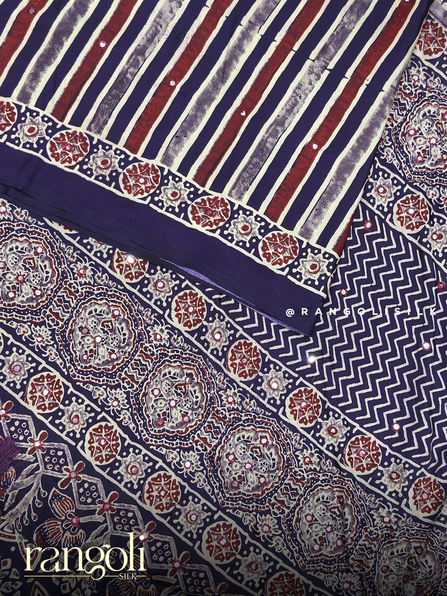 Ajrakh Modal Silk Saree with Striped Pattern & Traditional Ajrakh Prints - Post 903