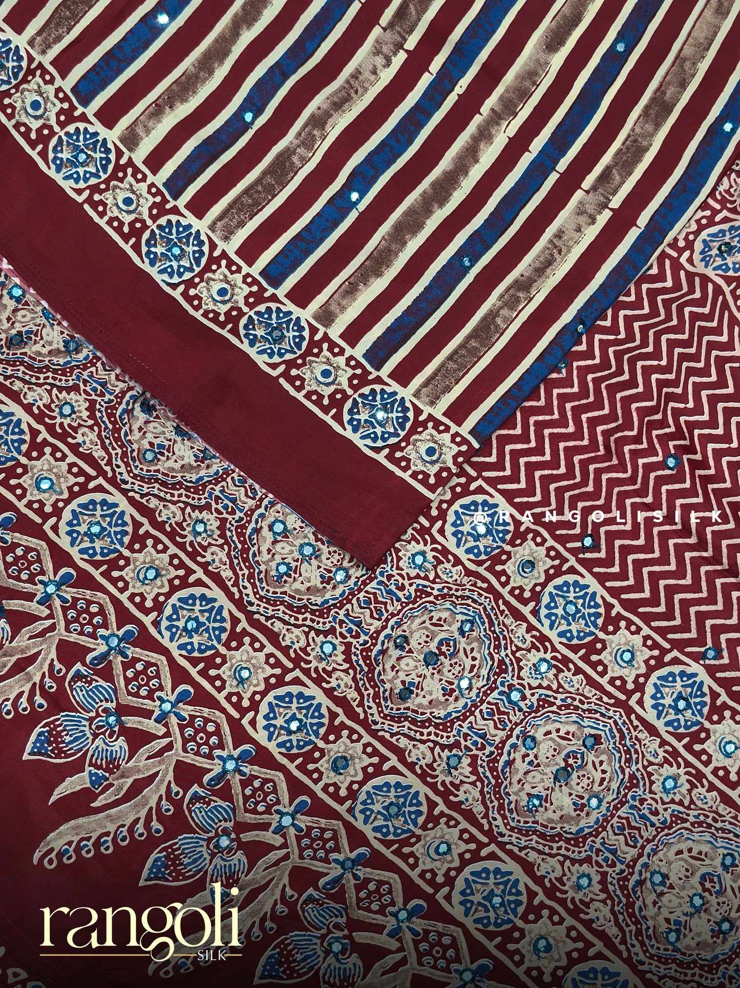 Ajrakh Modal Silk Saree with Striped Pattern & Traditional Ajrakh Prints - Post 903