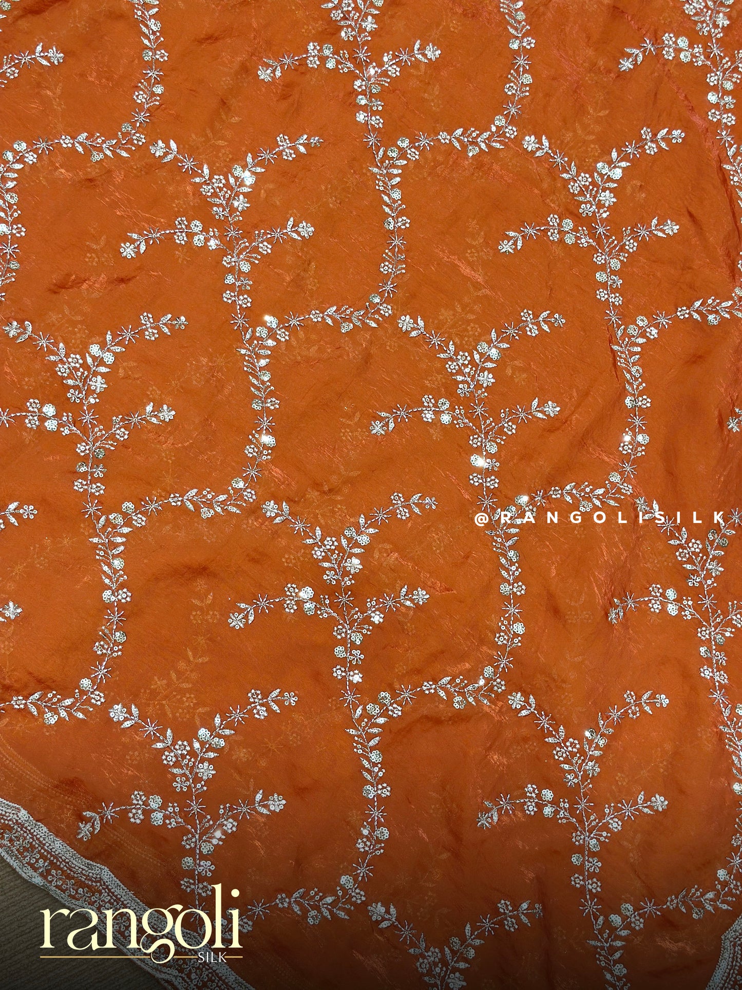 Rust Orange Designer Saree with Sequin Embroidery & Scallop Border - Post 905