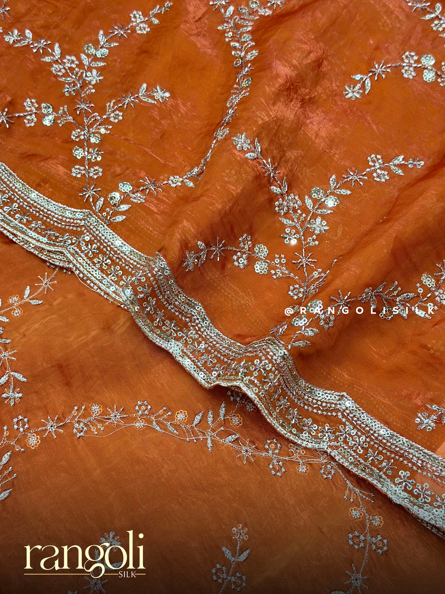 Rust Orange Designer Saree with Sequin Embroidery & Scallop Border - Post 905