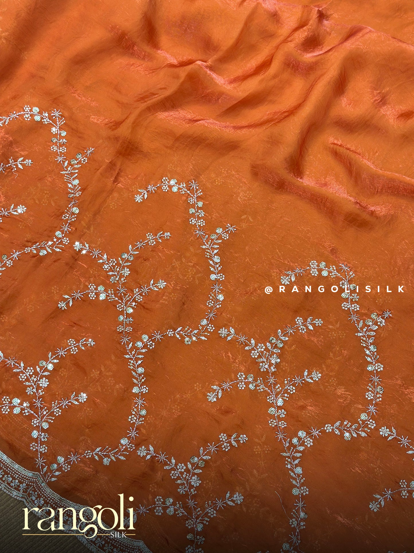 Rust Orange Designer Saree with Sequin Embroidery & Scallop Border - Post 905