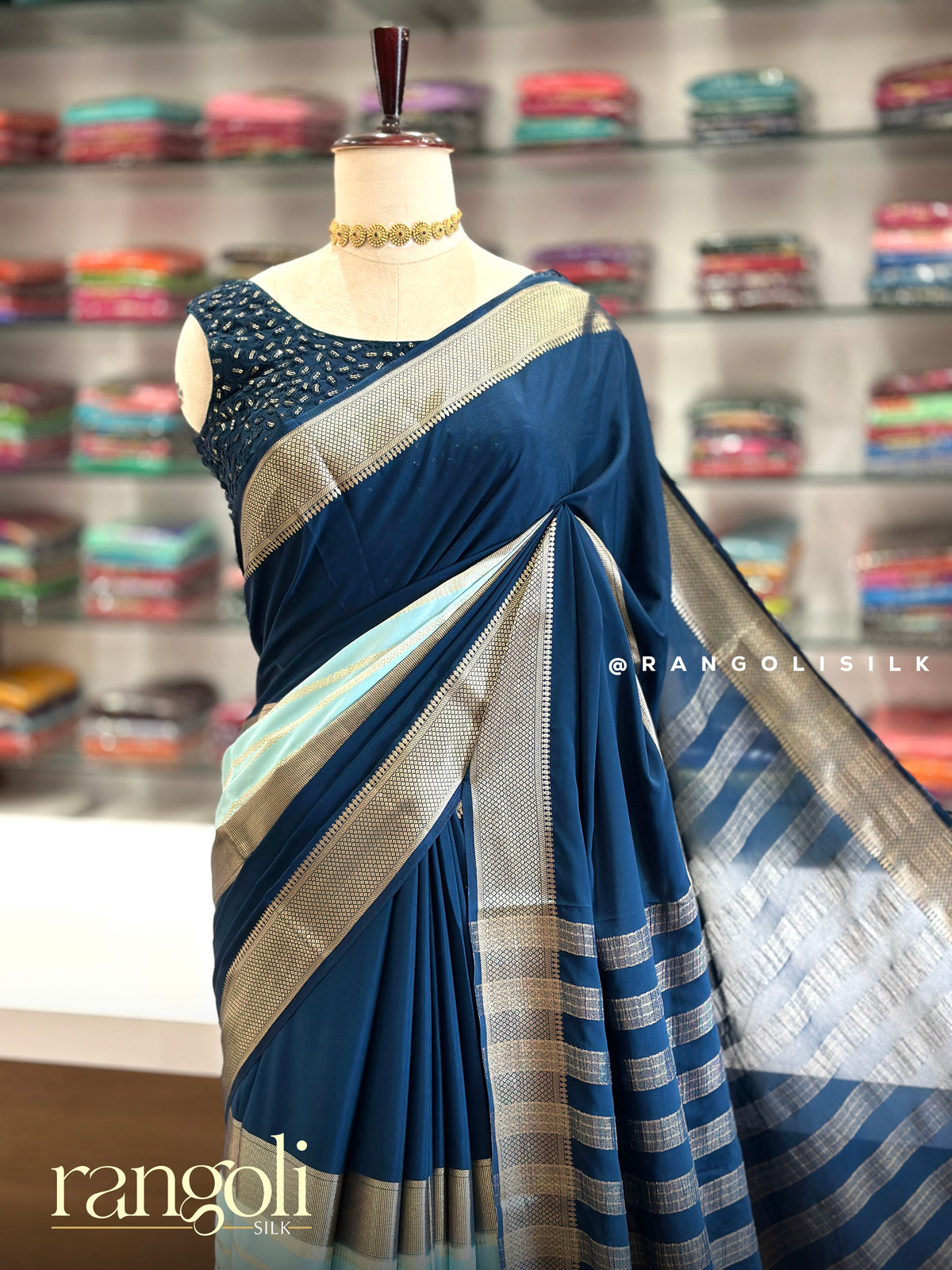 Semi Mysore Crepe Silk Saree with 3D Pattern & Zari Border - Post 1022
