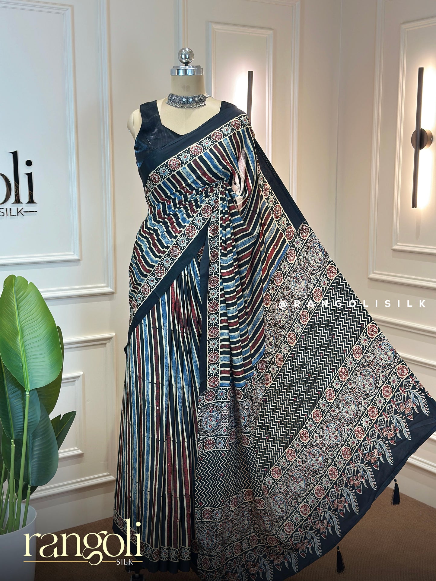 Ajrakh Modal Silk Saree with Striped Pattern & Traditional Ajrakh Prints - Post 903