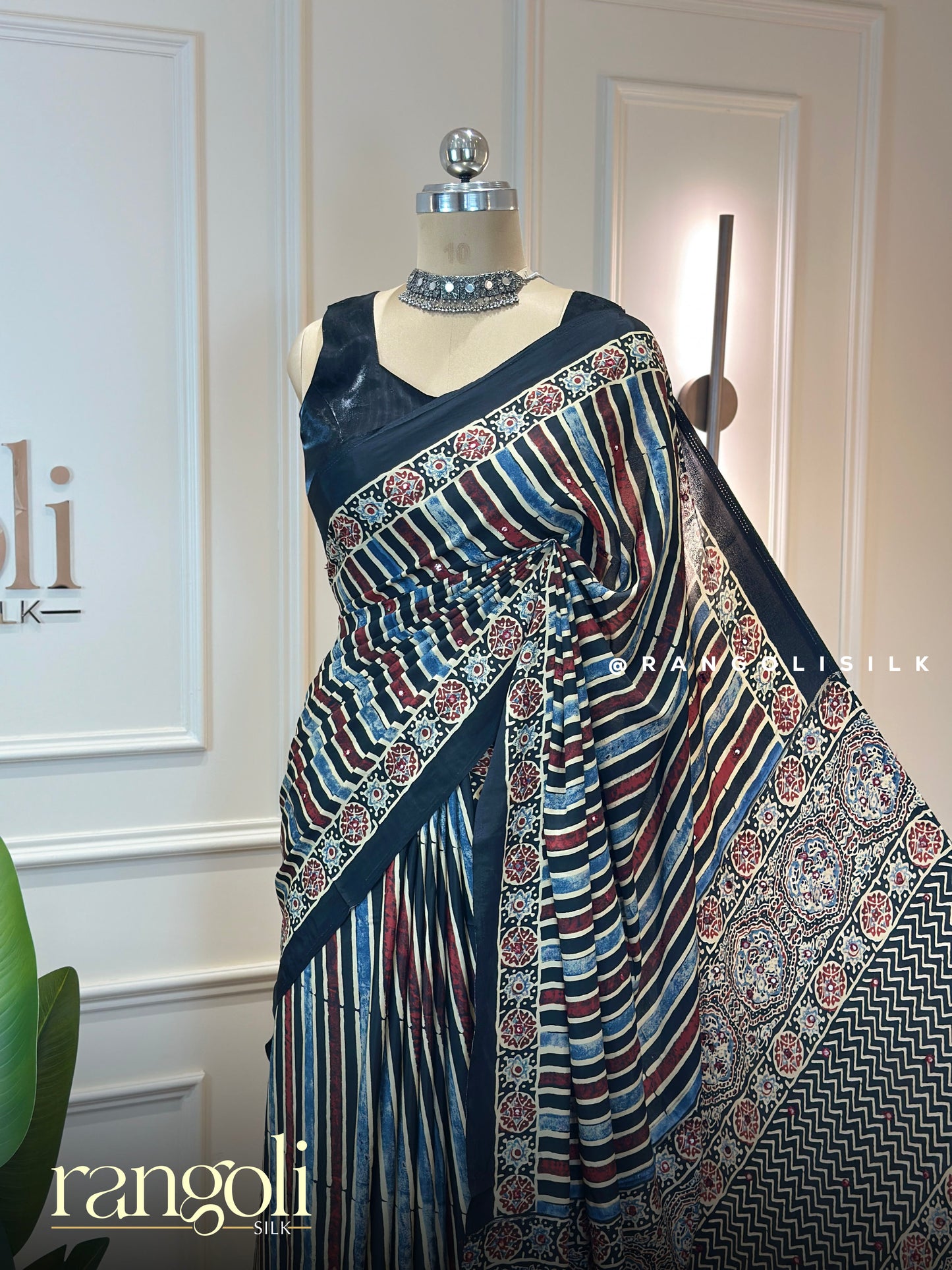Ajrakh Modal Silk Saree with Striped Pattern & Traditional Ajrakh Prints - Post 903