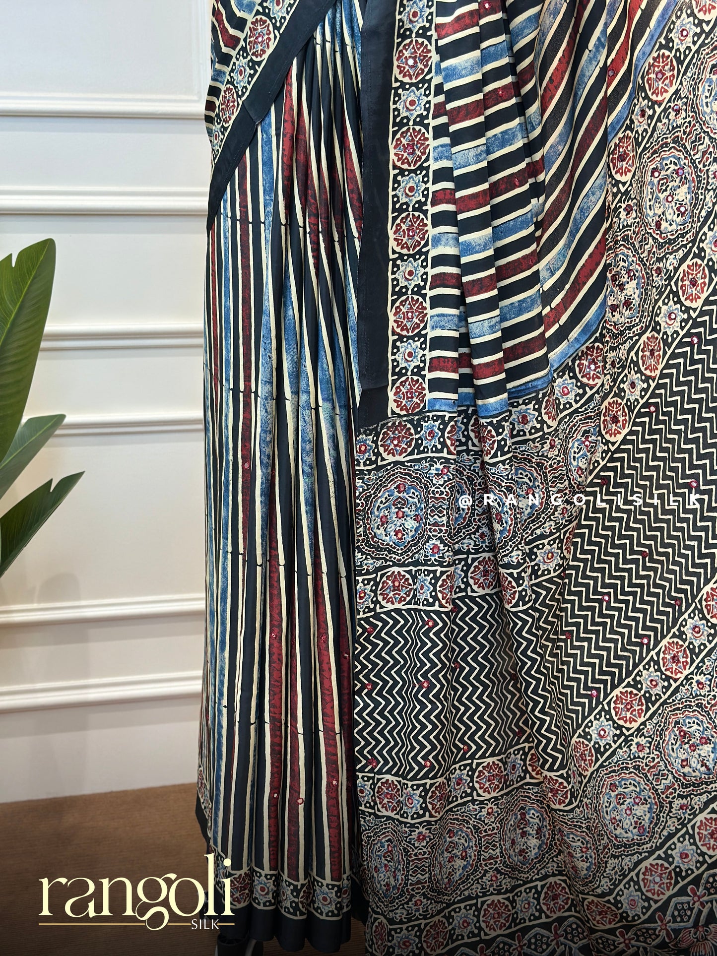 Ajrakh Modal Silk Saree with Striped Pattern & Traditional Ajrakh Prints - Post 903