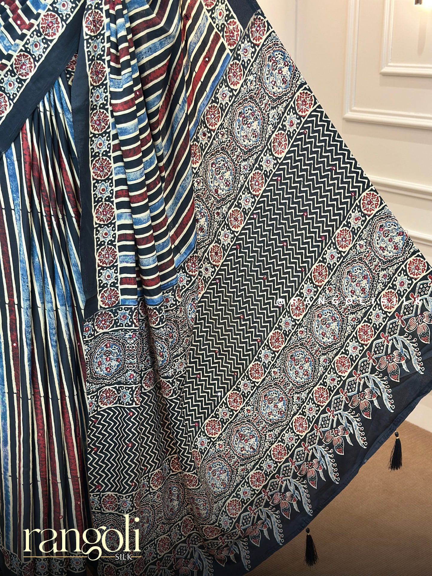 Ajrakh Modal Silk Saree with Striped Pattern & Traditional Ajrakh Prints - Post 903