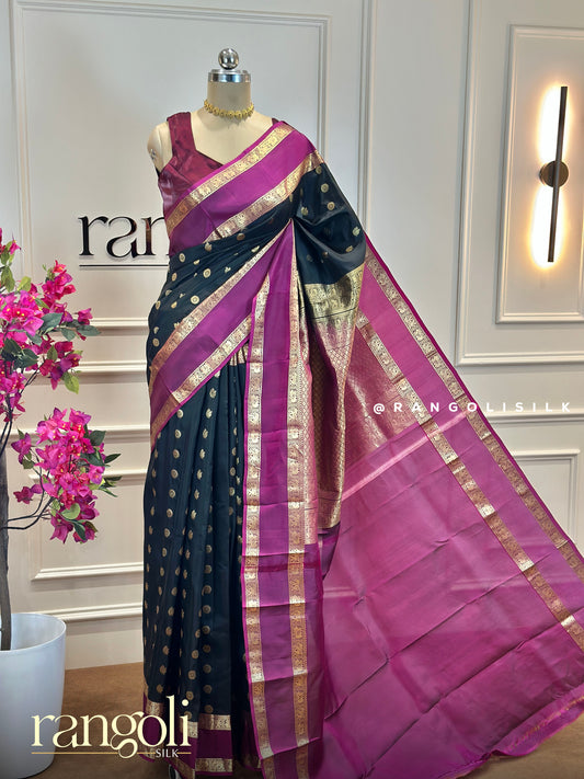 Black Kanjivaram Silk Saree with Gold Motifs & Magenta Zari Border - Post 648